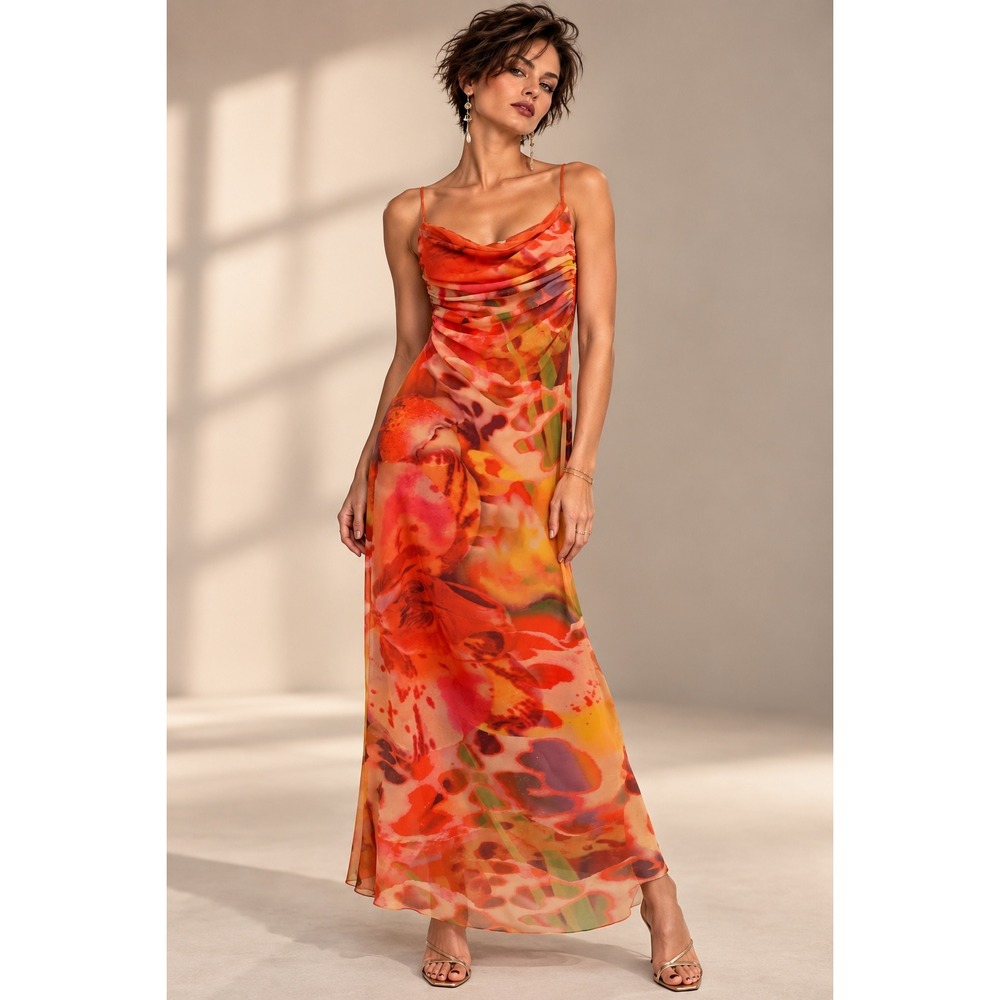ZARA M Orange Abstract Mesh Cowl Neck Maxi Dress
